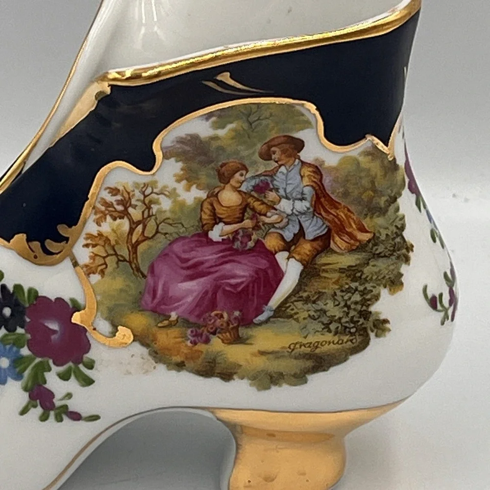 Vintage Porcelain Shoe Figurine Courting Couple Gold Trim Heel Ornate Grannycore